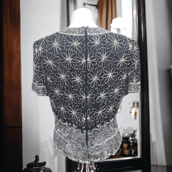Vintage Laurence Kazar Black Sequin Silk Beaded Blouse Women's Sz L Evening Top - Picture 2 of 12